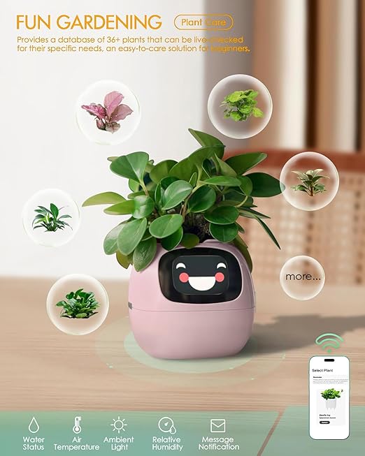 AI Smart Flowerpot with 7 Sensors and Multiple Expressions, Intelligent Pet Planter for Living Room, Plant-Free.