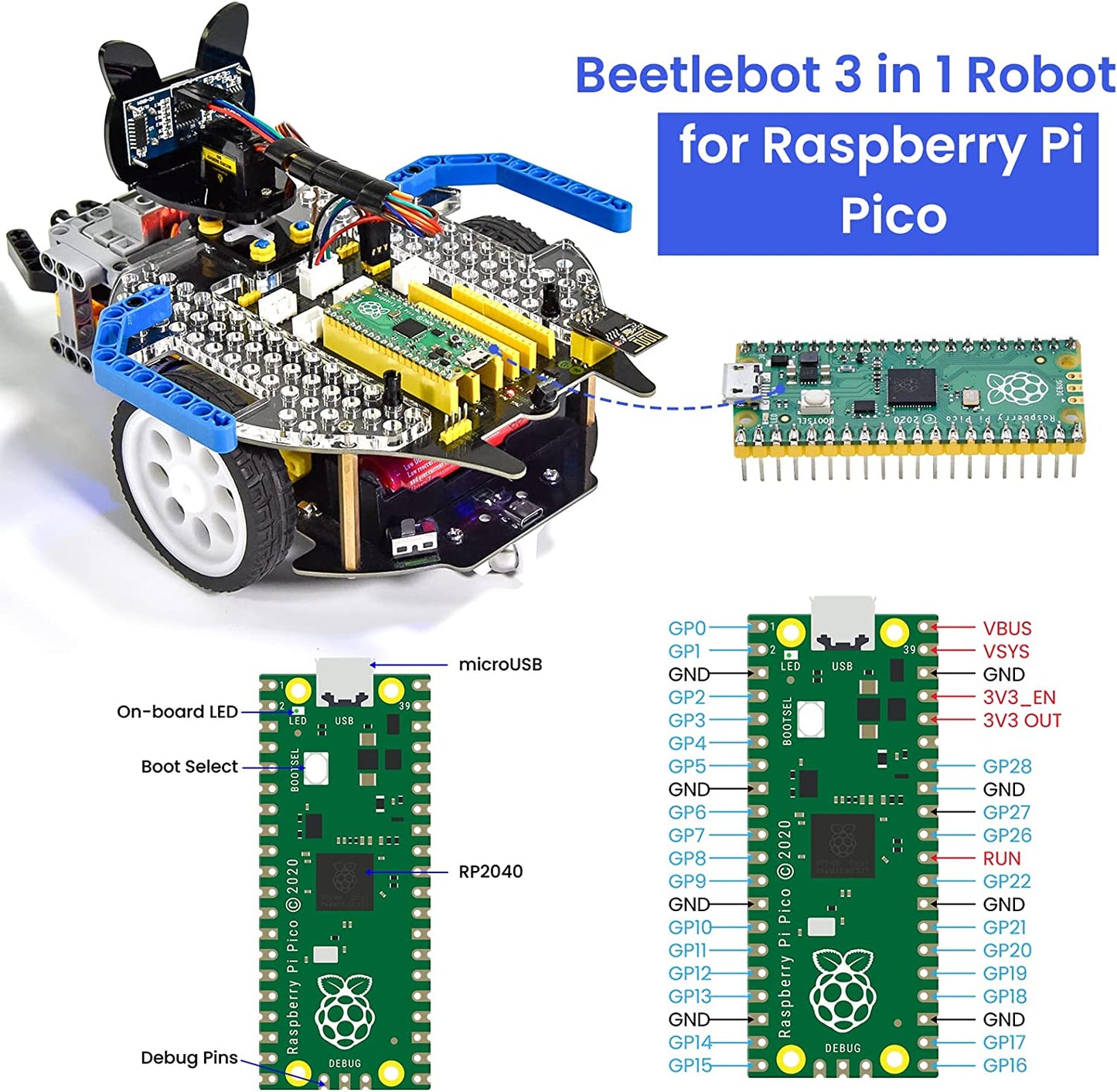 Beetlebot 3 in 1 Robot Car Starter Kit with Raspberry Pi Pico Board KS0543